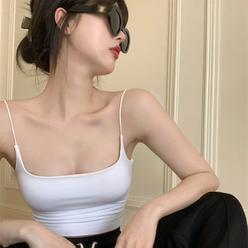 여성용 스트릿웨어 서스펜더, 가슴 패드, 짧은 바닥, 외부 이너, 단색 캐미솔, 올 매치 섹시, 여름