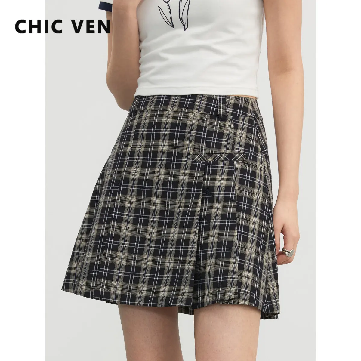 

CHIC VEN Women's Mini Skirt New Vintage Plaid Pleated A-line Skirt High Waisted Women's Clothing Preppy Spring Summer 2023