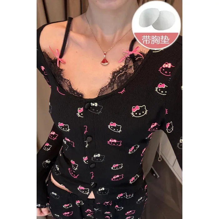 Conjunto de pijama de manga larga de encaje de algodón Modal Kawaii Hello Kitty primavera otoño Anime Sanrio ropa bonita y dulce para el hogar con almohadilla para el pecho