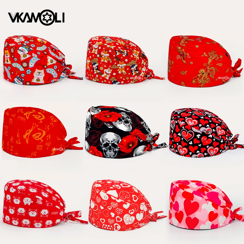 

Wholesale prices Unisex 100% Cotton Beauty Salon lab work Hat scrub cap pet shop scrub hat red Printing nurse accessories