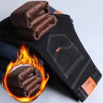 2024 Winter New Casual Men's Warm Fleece Jeans Classic Style Business Thicken Fur Regular Fit Denim Pants Brand Plush Trousers 1