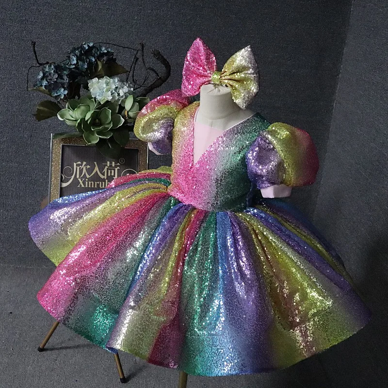 

New Children Clothing Baby Girl Puffy Gauze Dresses Birthday Colorfu Princess court Dress for Kids Sequin Short sleeve Ball Gown