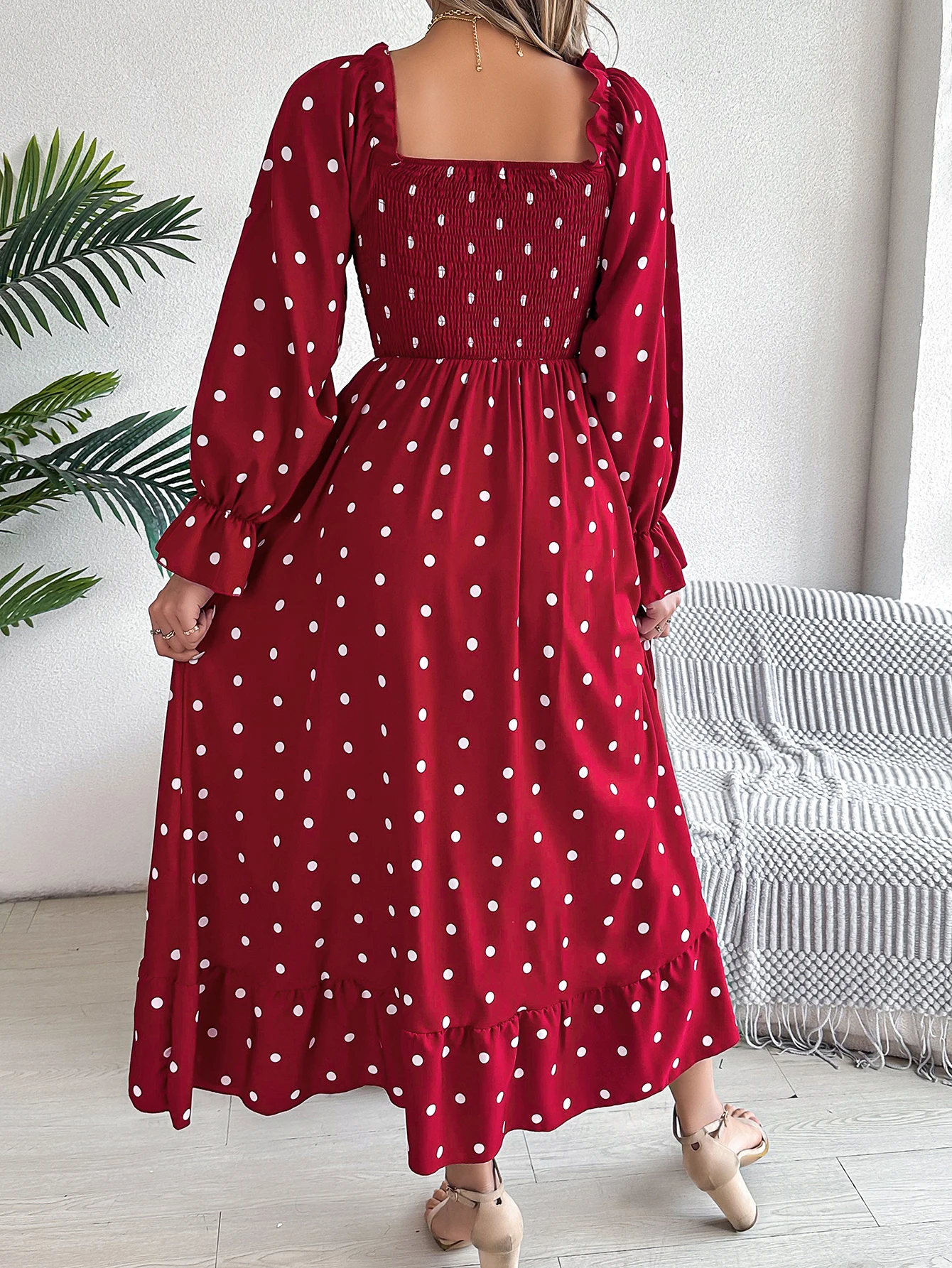 Women Polka Dot Long Sleeve Square Neck Dress