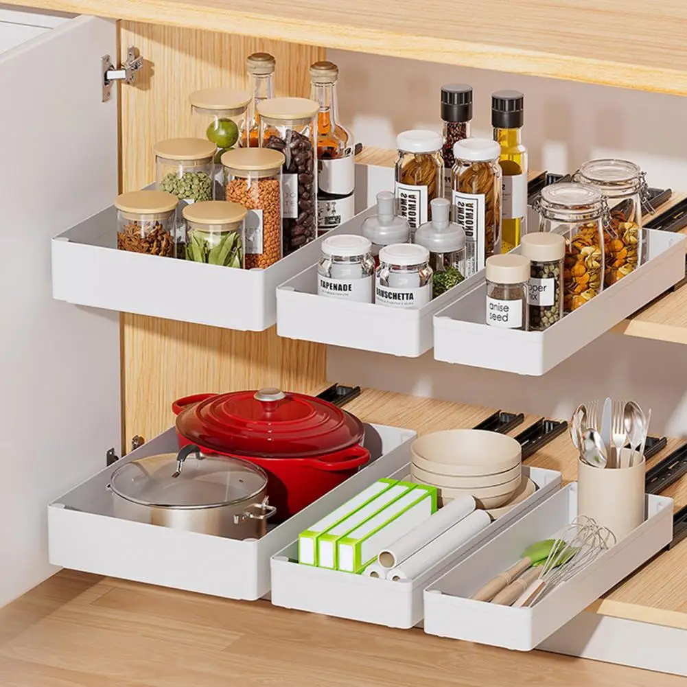 Hollow Bottom Storage Box Kitchen Cabinet Organizer with Divider Racks Heavy Duty Slide Out Drawers for Cabinets Expandable