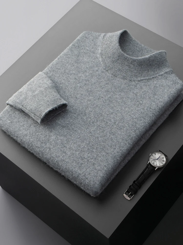 High Quality Autumn Winter 100%Pure Cashmere Sweater Men Semi-high Neck Solid Pullovers Youth Casual  Tops Warm Knit Shirt Tide