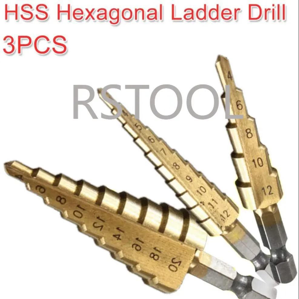 

3pcs HSS Titanium Step Drill Bits 3-12mm 4-12mm 4-20mm Step Cone Cutting Tools Steel Woodworking Wood Metal Drilling Set