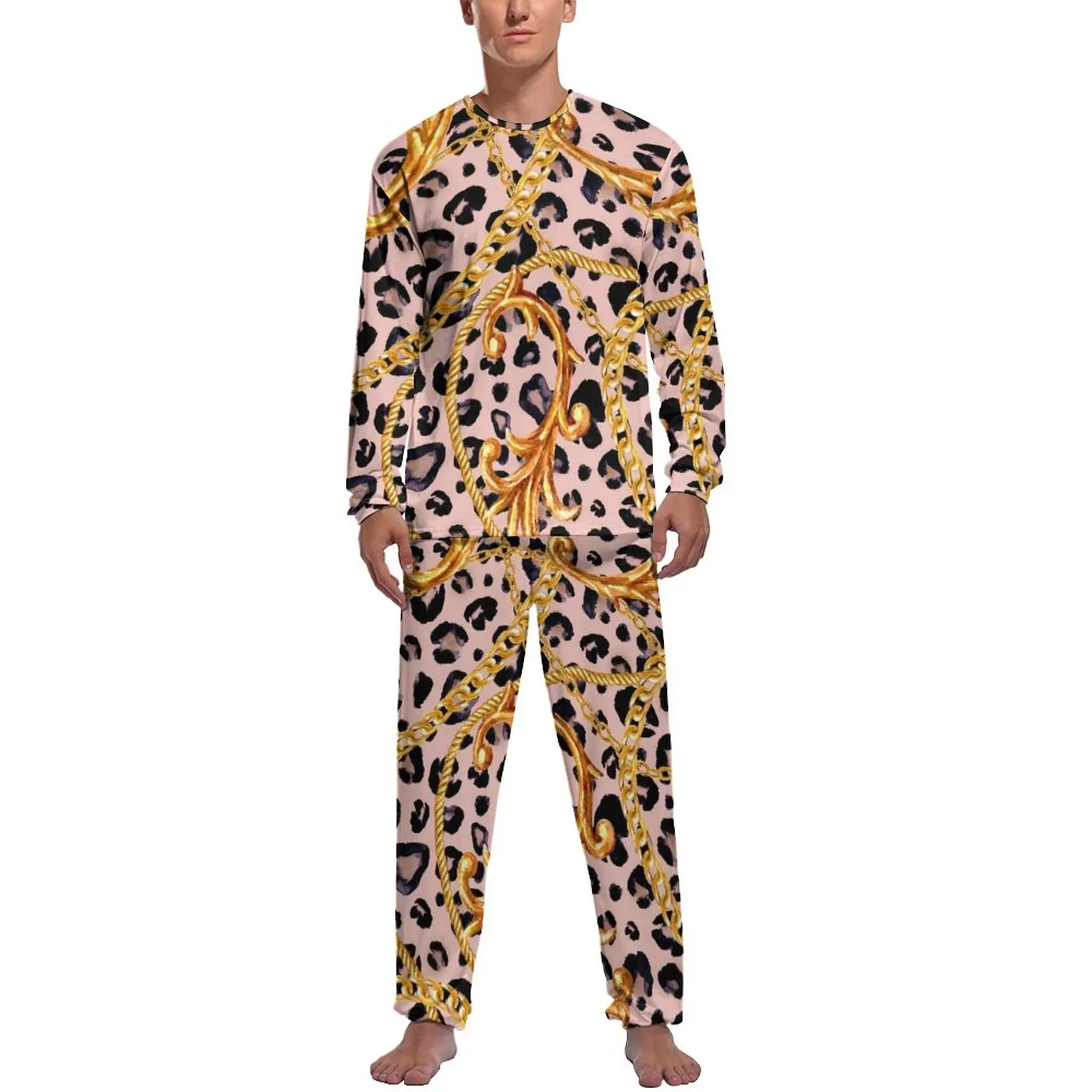 

Golden Chain Pajamas Men Leopard Print Romantic Sleepwear Autumn Long-Sleeve 2 Pieces Casual Graphic Pajama Sets