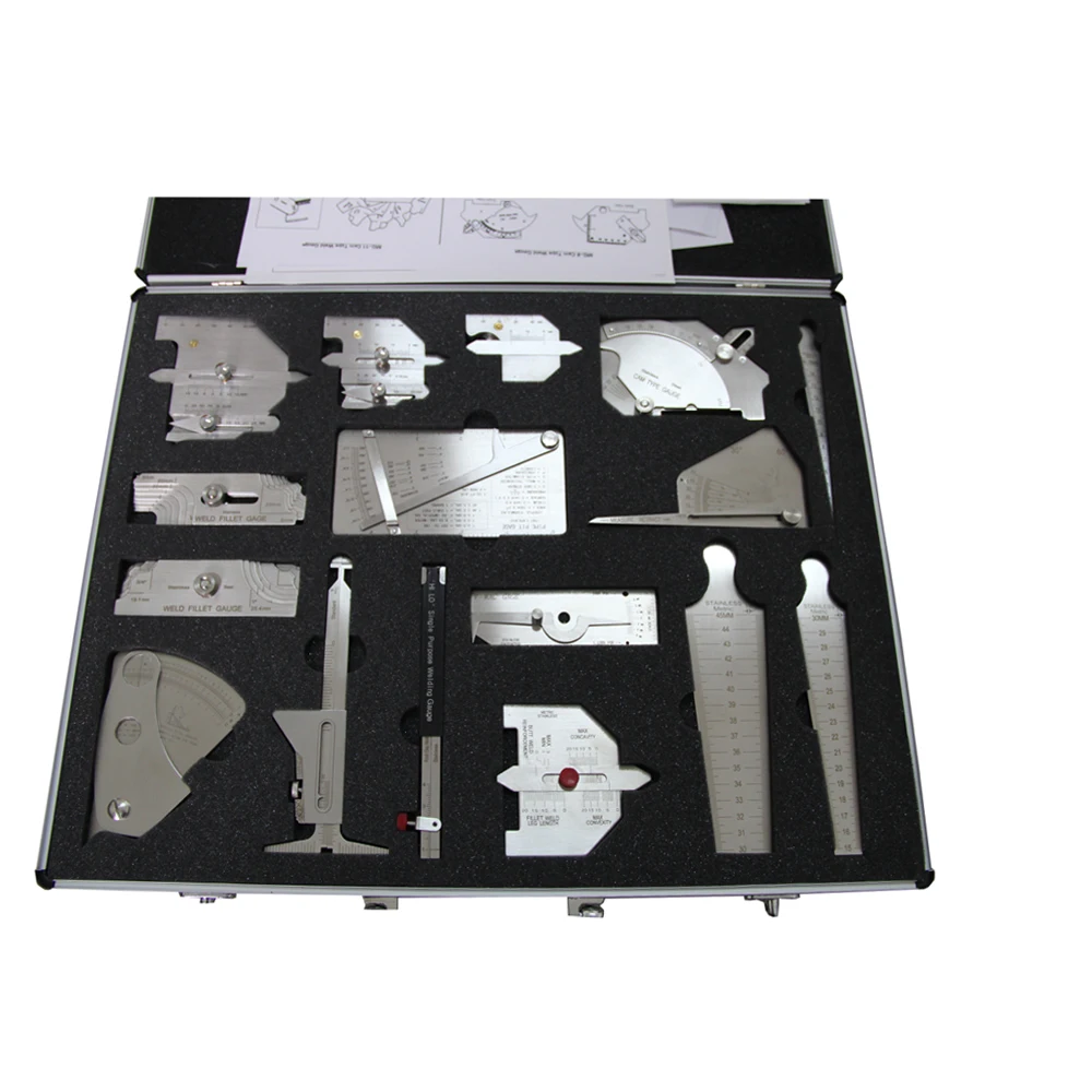 

16pcs Welding Gauge Tool Kit With Brief Case Type Taper Gage HI-LO Test Ulnar Pipe Pit Ruler MG-8 Cam Welder Inspection