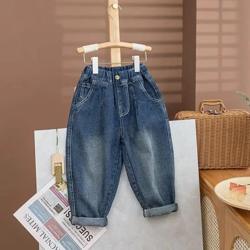2024 Spring Autumn New Boys Patchwork Pockets Elastic Mid Waist Button Casual All-match Stylish Loose Retro Korean Jeans Pants