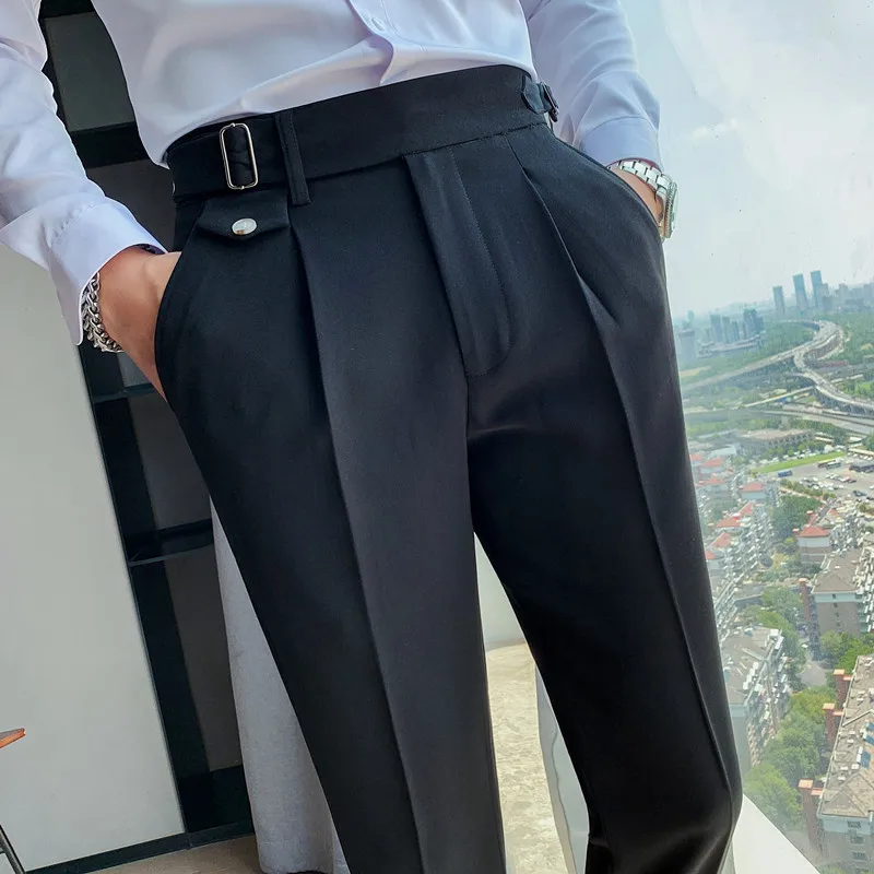 Four Season belt Buttoned Calf Pant Men Pantalon  Casual Luxury Business Pant Trouser Pant For Man straight