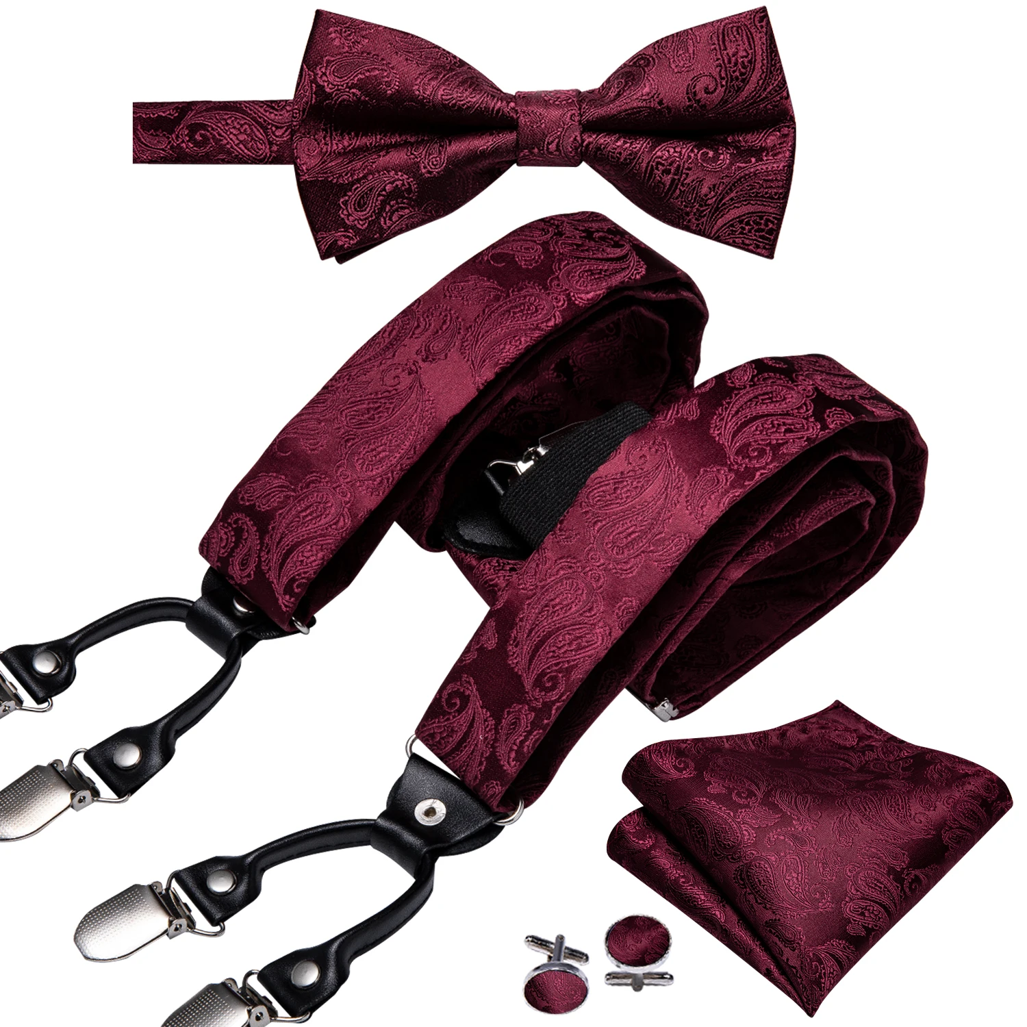 

Win Red Silk Suspenders For Men With Bowtie Handkerchief Cufflinks Set Elegant High Quality Suspender Wedding Party Barry.Wang