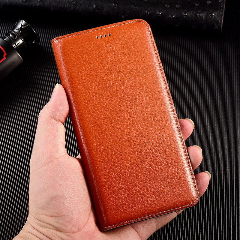 Luxurious Genuine Leather Lychee Pattern Wallet Flip Phone Case - Cowhide Scratch-Proof Design
