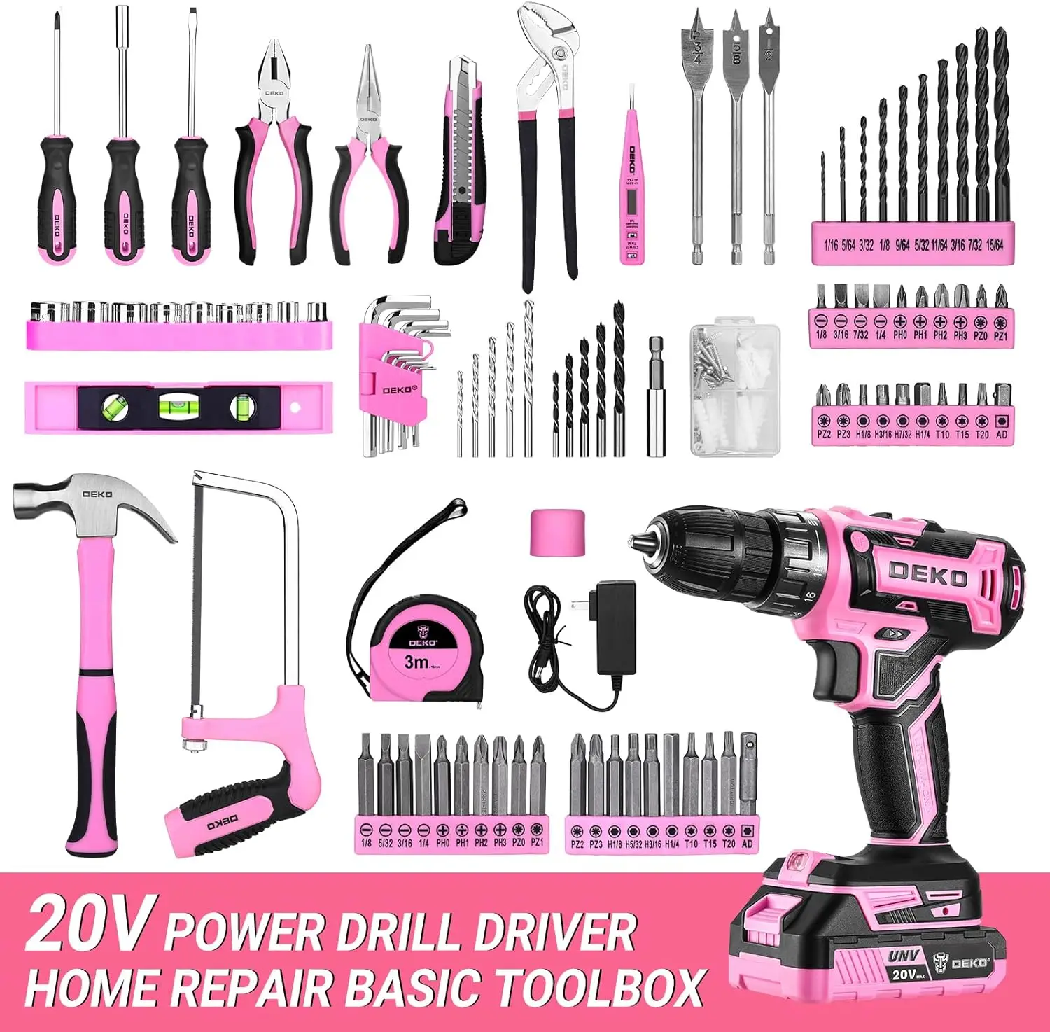Pink Cordless Power Drill Tool Kit Set with Battery for DIY