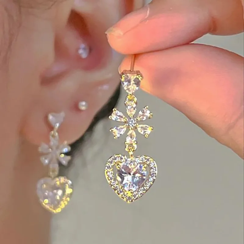 Fashion Flower Love Earrings for Women Korean Gold Color Zircon Girls Design Stud Earrings 2023 New