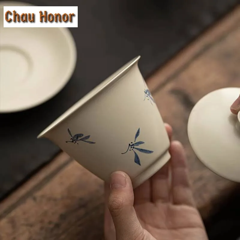 150ml  Hand-painted Butterfly Orchid Gaiwan Retro Grass Wood Gray Tea Tureen Tea Brewing Cover Bowl Tea Services Supplies Gift