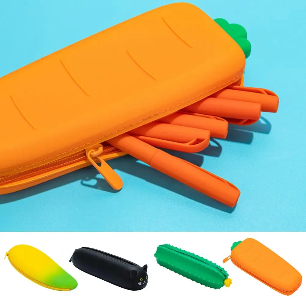 

Cute Carrot Pencil Case Fun Functional Silicone Pencil Cases Adorable Fruit Vegetable Shapes for School Children's Pen Storage
