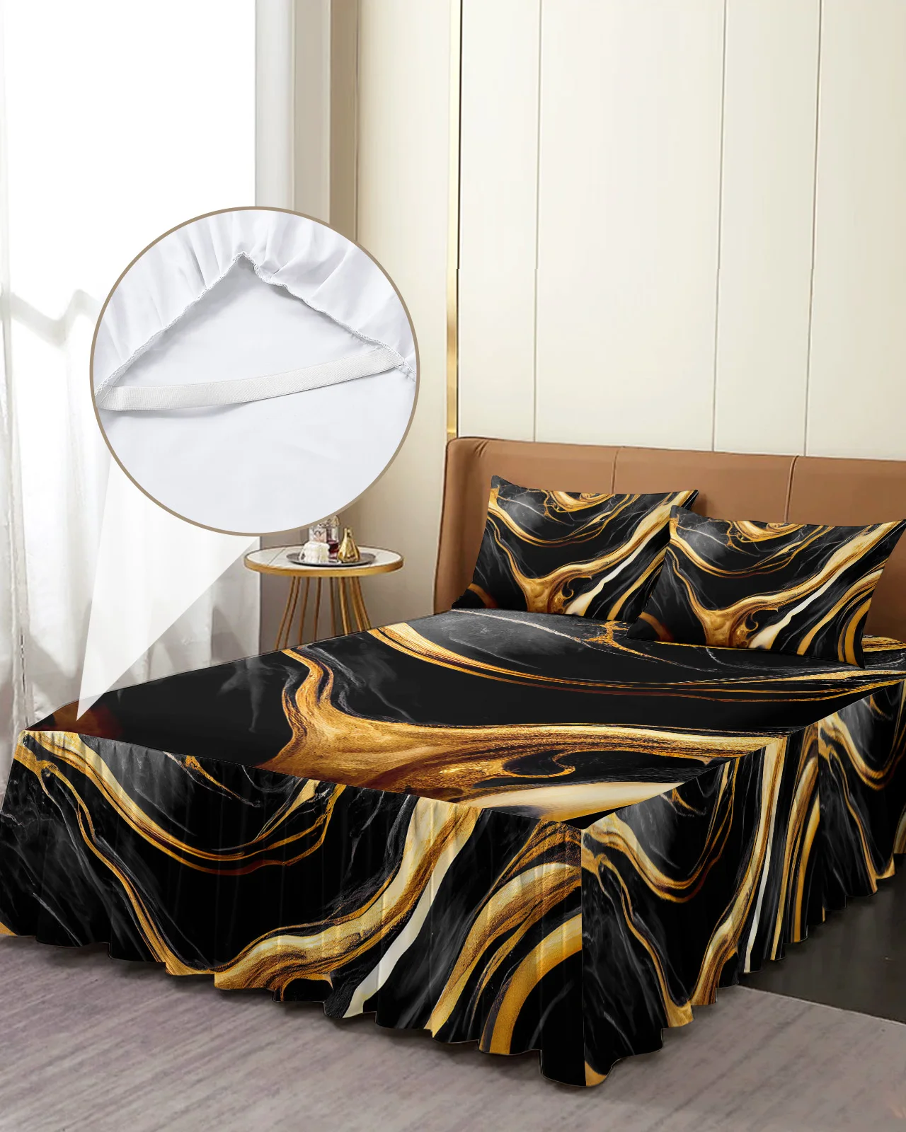 

Marble Texture Black Bed Skirt Elastic Fitted Bedspread With Pillowcases Bed Protector Mattress Cover Bedding Set Bed Sheet