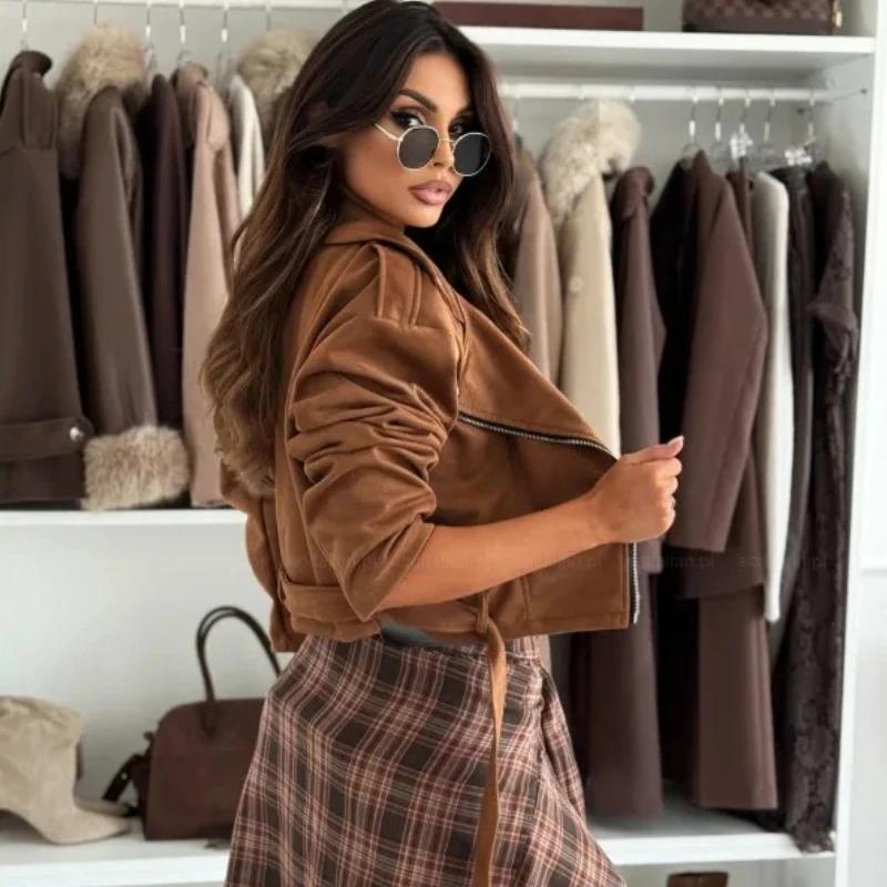 New Autumn Women's Clothing Turn-down Collar Long Sleeve Jacket Fashion Zipper Cardigan Lace Up Short Solid Color Jacket Top