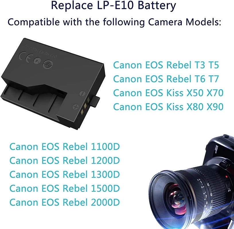 LP-E10 DR-E10 더미 배터리 DC 커플러 Canon EOS Rebel T7 T6 T5 T3 1100D ACK-E10 USB 전원 코드용 외부 전원 어댑터 키트