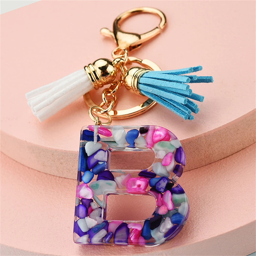 A-Z Tassel Letters Keychains Stone Pattern Purple Initial Resin Key Chains  Cute Car Keyring Charm Bag Accessories Jewelry Gifts