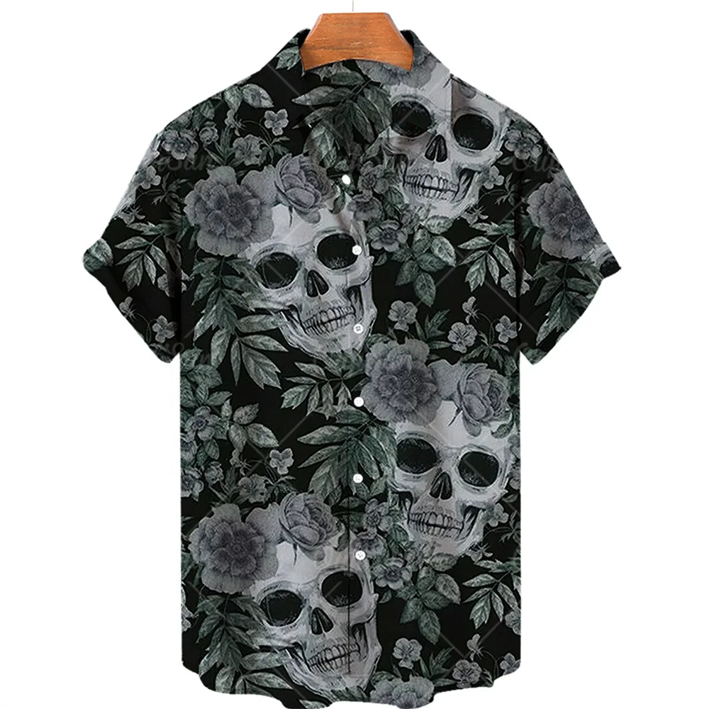 Skull Print Hawaiian Shirt Men Summer Short Sleeve Loose Beach Breathable Hip Hop Harajuku Top Oversize 5XL 3
