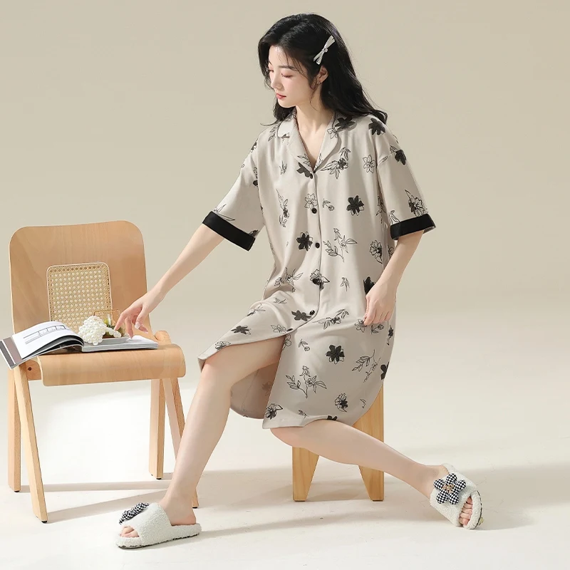 Student Summer Short Sleeve 100% Cotton Print Nightgowns for Women Korean Cute Lace Sleepwear Night Dress Nightdress Home Nighty