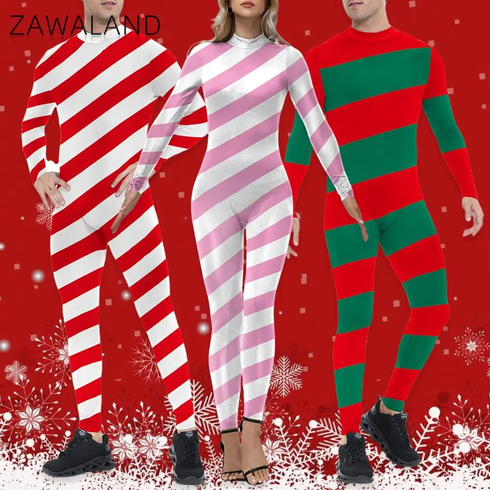 ZAWALAND Christmas Costume Women Zentai Bodysuits Cosplaycandy Color Stripe Printed Jumpsuits Man Holiday Xmas Catsuit Outfits
