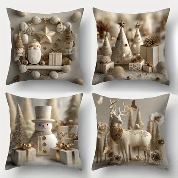 4pcs Christmas Pillow Covers – Gold Santa Snowman Reindeer Design for Room Office Living Room Sofa and Home Decor