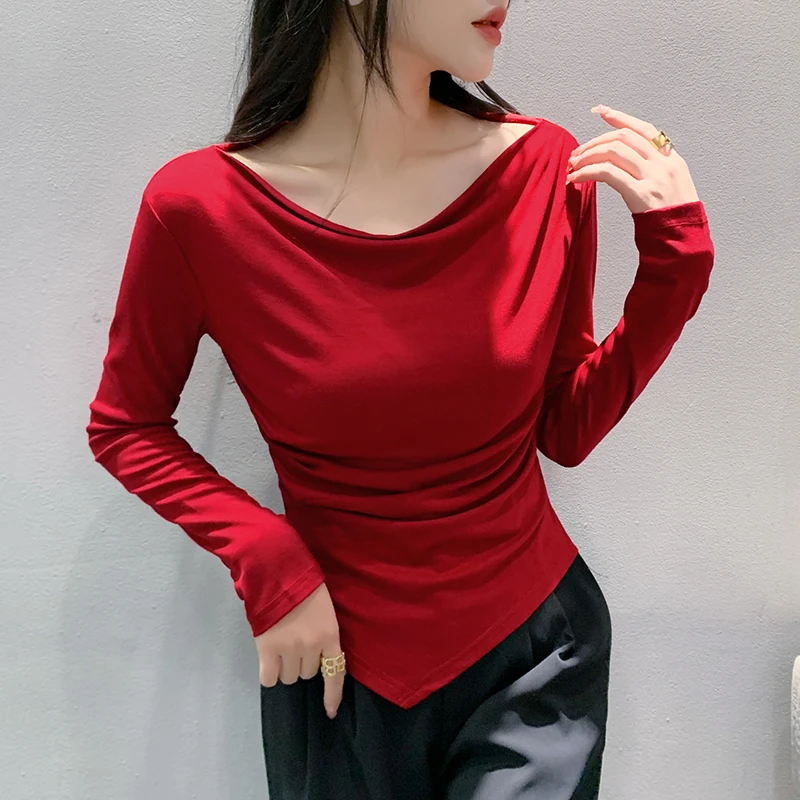 

2023 New Fall Winter European Clothes T-Shirt Women's Fashion Sexy Draped Irregular Tops Long Sleeve Solid Casual Tees 38033