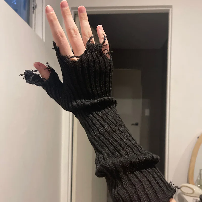 Fingerless gloves Girl Gloves Black Beige Tattered Punk Unisex Fingerless Cuff Knit Glove Women Men Elbow Mittens Broken Arm Warmer Gloves