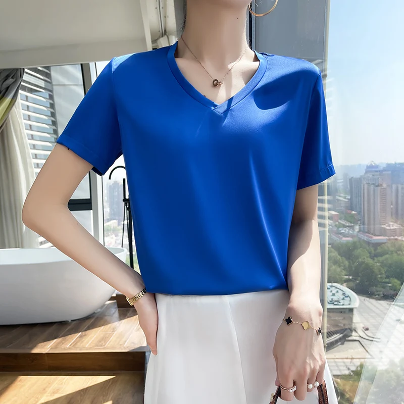 

High-End Acetic Acid Half-Sleeve T-Shirt Female Silk-Like Loose V-Neck Short-Sleeved Satin Summer Plus Size Bottoming Top