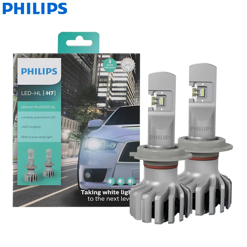 Philips-bombilla LED para coche Ultinon Pro5000 H7, Faro de 5800K, blanco  frío + 160% brillante, lámpara automática de 15W, haz Alto y Bajo,  11972U50CWX2, 2x - AliExpress
