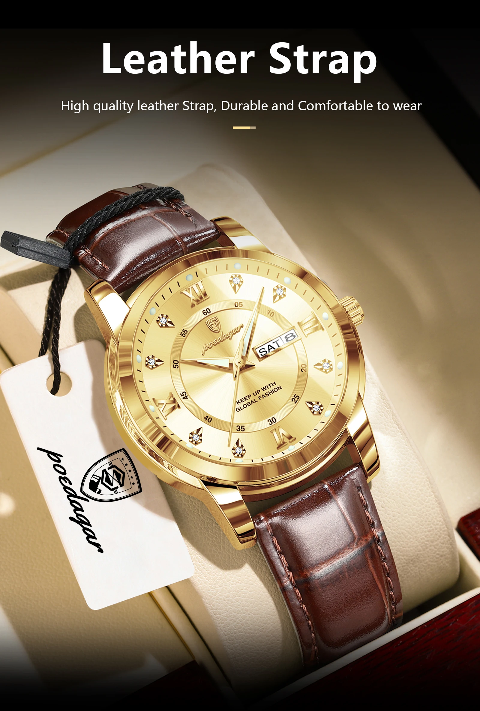 POEDAGAR Luxury Business Male Clock Date Week Waterproof Luminous Gold Men Wristwatch Casual Fashion Quartz Men's Watches Reloj
