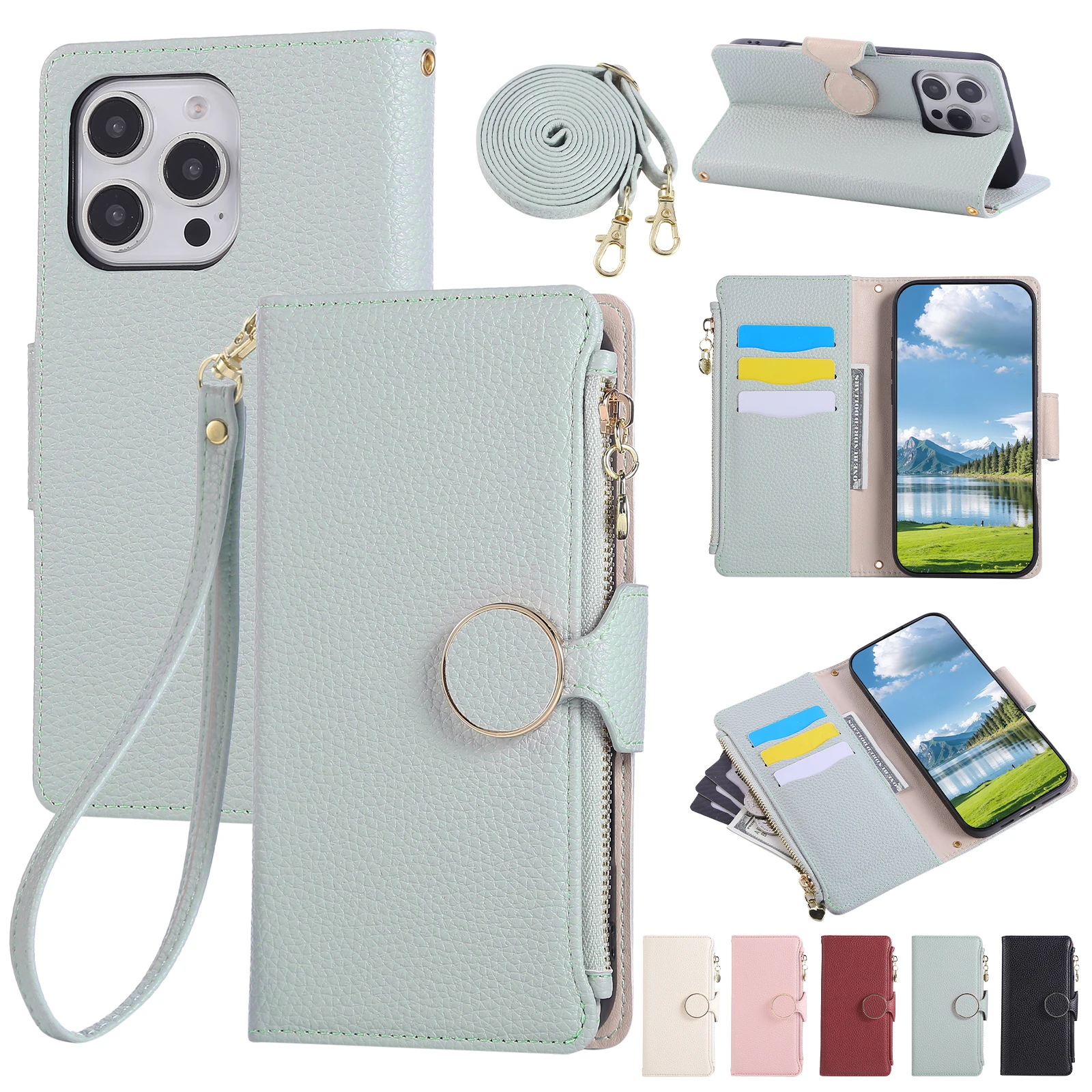 Crossbody Multi-Card Leather Wrist Strap Zipper Case