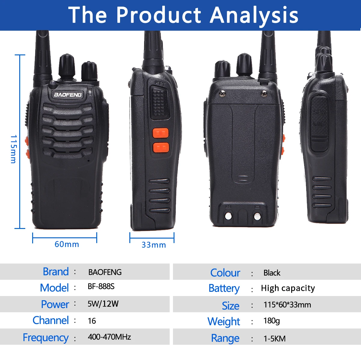 Paire de Talkie-walkie, Baofeng BF 888s à longue portée, avec antenne 3 à  5km, 2