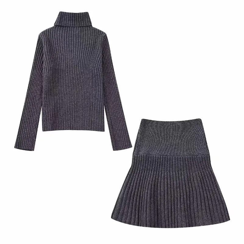 Autumn Fashion Y2k Streetwear Ribbed Knit Sweater Vintage Turtleneck Long Sleeves Female Pullover Chic Top +Skirt Sets