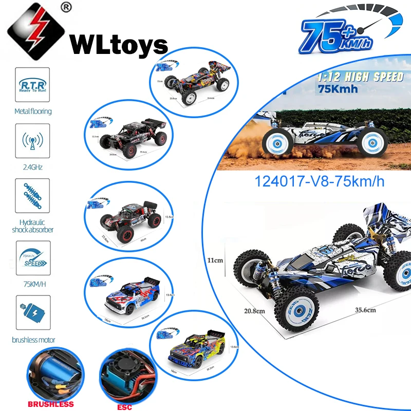Vue arrière de la voiture RC tout-terrain 1B RTF 4WD 2.4GHz avec son aileron et ses pneus tout-terrain.