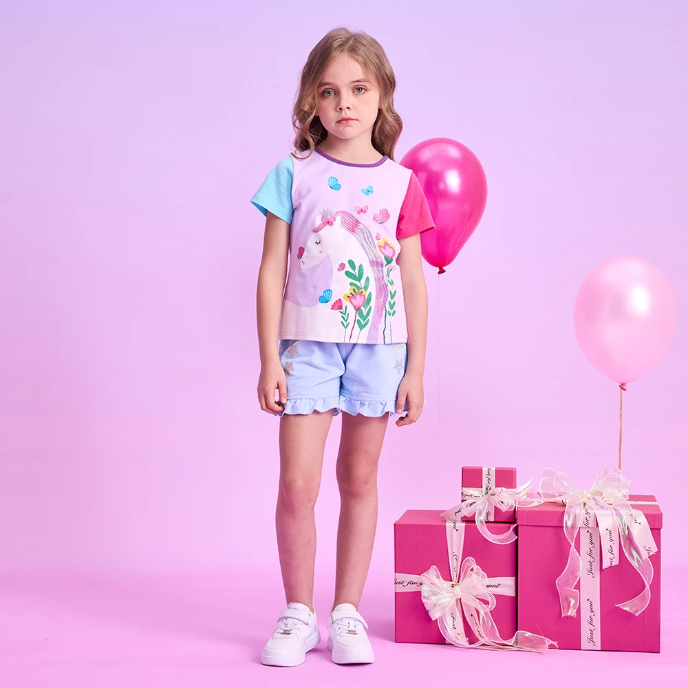 DXTON  소녀 셔츠 유럽 스타일의 면 짧은 소매 어린이 티셔츠 여름 꽃 탑 소프트 패치 워크 블라우스 어린이 티셔츠