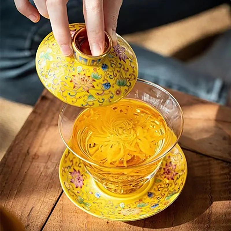 Anti-scald Thickened Glass Tureen, Tea Cover Bowl with Lid, Sancai Gaiwan, Hand Painted Shining Cover Bowl, Chinese Kungfu Tea