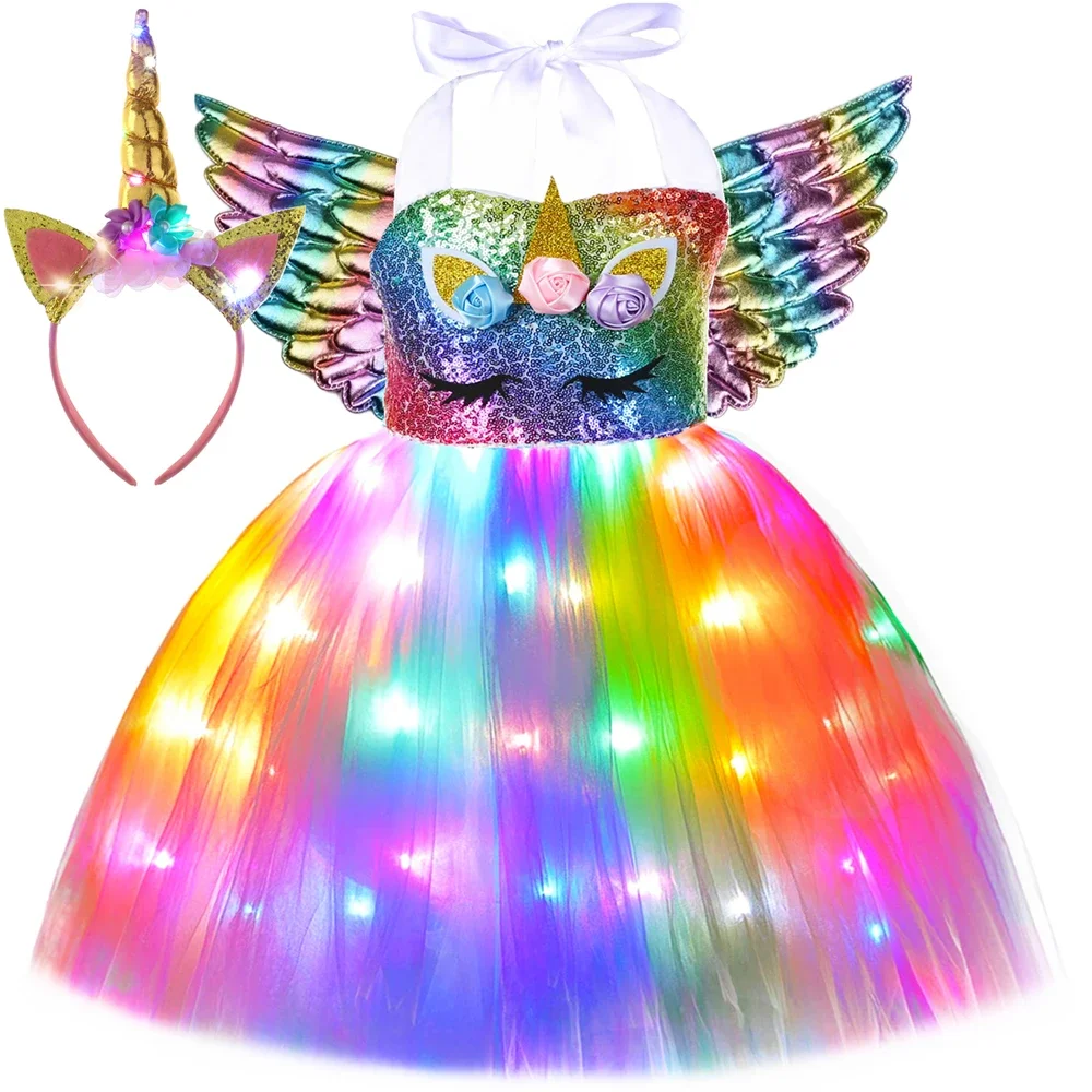 Girls Unicorn Dress LED Light Up Rainbow Sequins Birthday Party Princess Tutu Dress Christmas Halloween Costume Kids Clothes