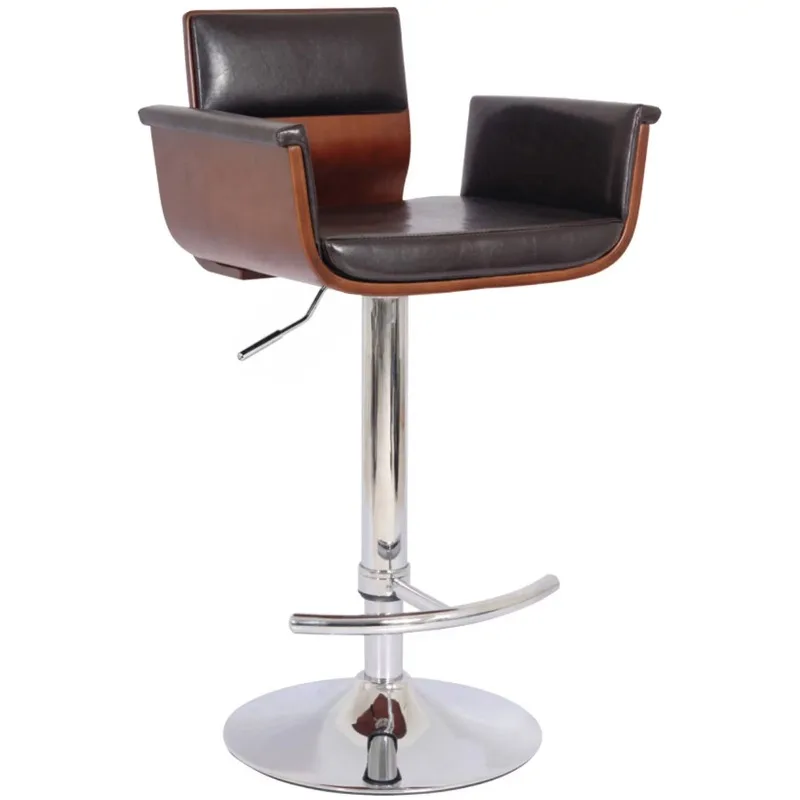 

Furniture AC Pacific Modern Padded Wood Adjustable Height Swivel Bar Stool Chair with Cushioned Seat, Armrests and Back, 24"-33"