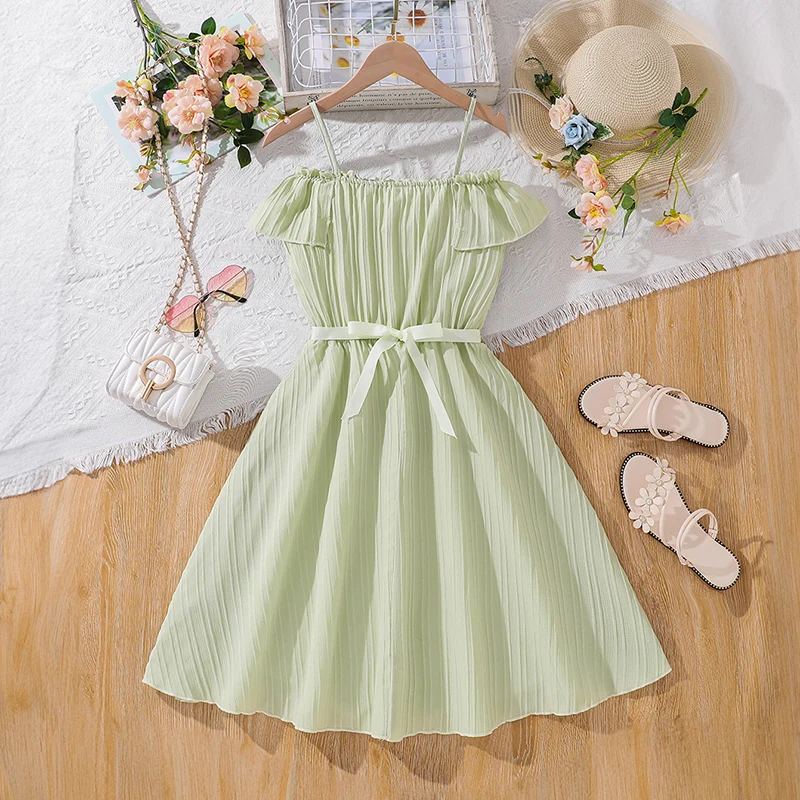 Kids Dress For 8-12 Years Girls Green Halter Dress & Detachable Belt Lovely Style Birthday Party Summer Vacation Daily  Clothes