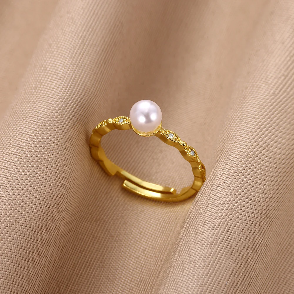 Zircon Pearl Stainless Steel Open Rings For Women