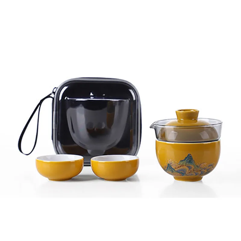 Portable Travel Teapot Set with 3 Cups 1 Pot, Ceramic Porcelain Chinese Tea Set, Gaiwan Ceremony Set, Household Gifts