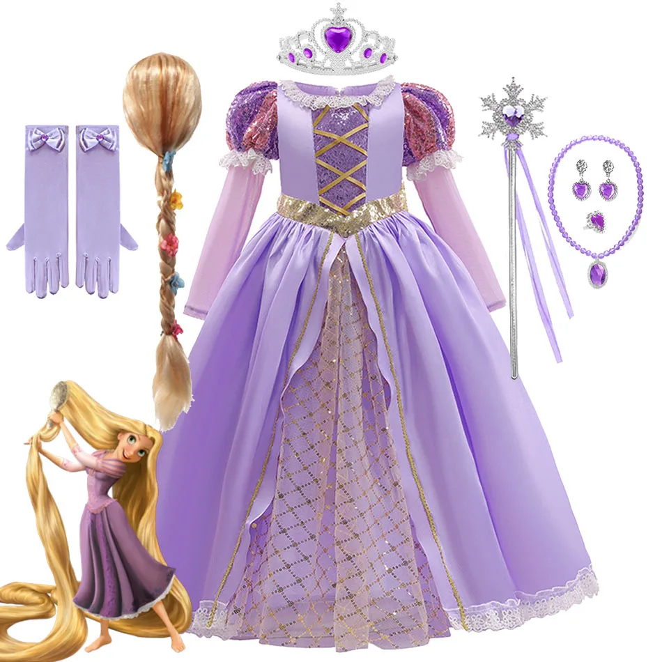 Disney Vestido de princesa Rapunzel para niña, Cosplay enredado, fiesta de Halloween, cumpleaños, Navidad, 2-10T