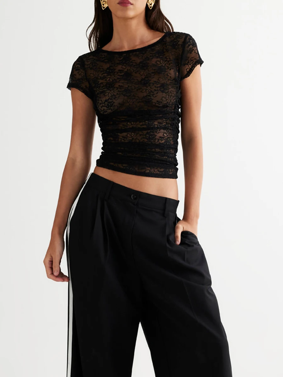 

Women s Sheer Lace Crop Top with Short Sleeves - Floral Lace Overlay Solid Color Slim Fit T-Shirt for Streetwear Blouse Tops