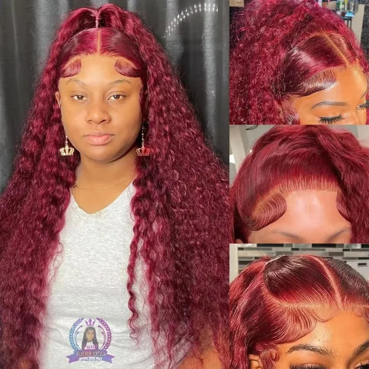 100% Human Hair 13x6 Deep Wave Lace Front Wigs Human Hair for Women 99J Burgundy Lace Front Wigs Human Hair Red Wig 200 Density 2