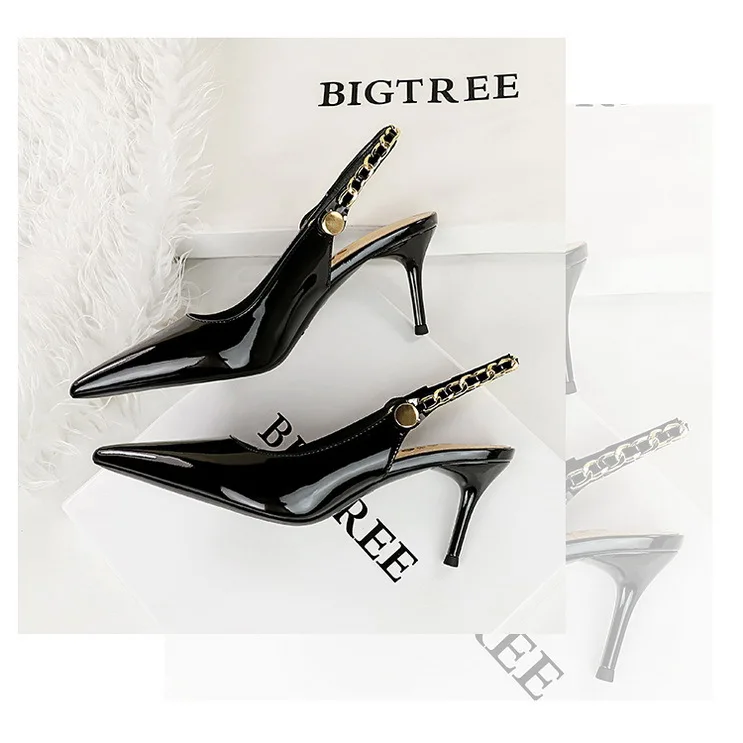 Shoes Metal Chain Women Pumps Patent Leather New Women 7 Cm 9.5 Cm Heels Women Summer Stilettos Sandals High Heels