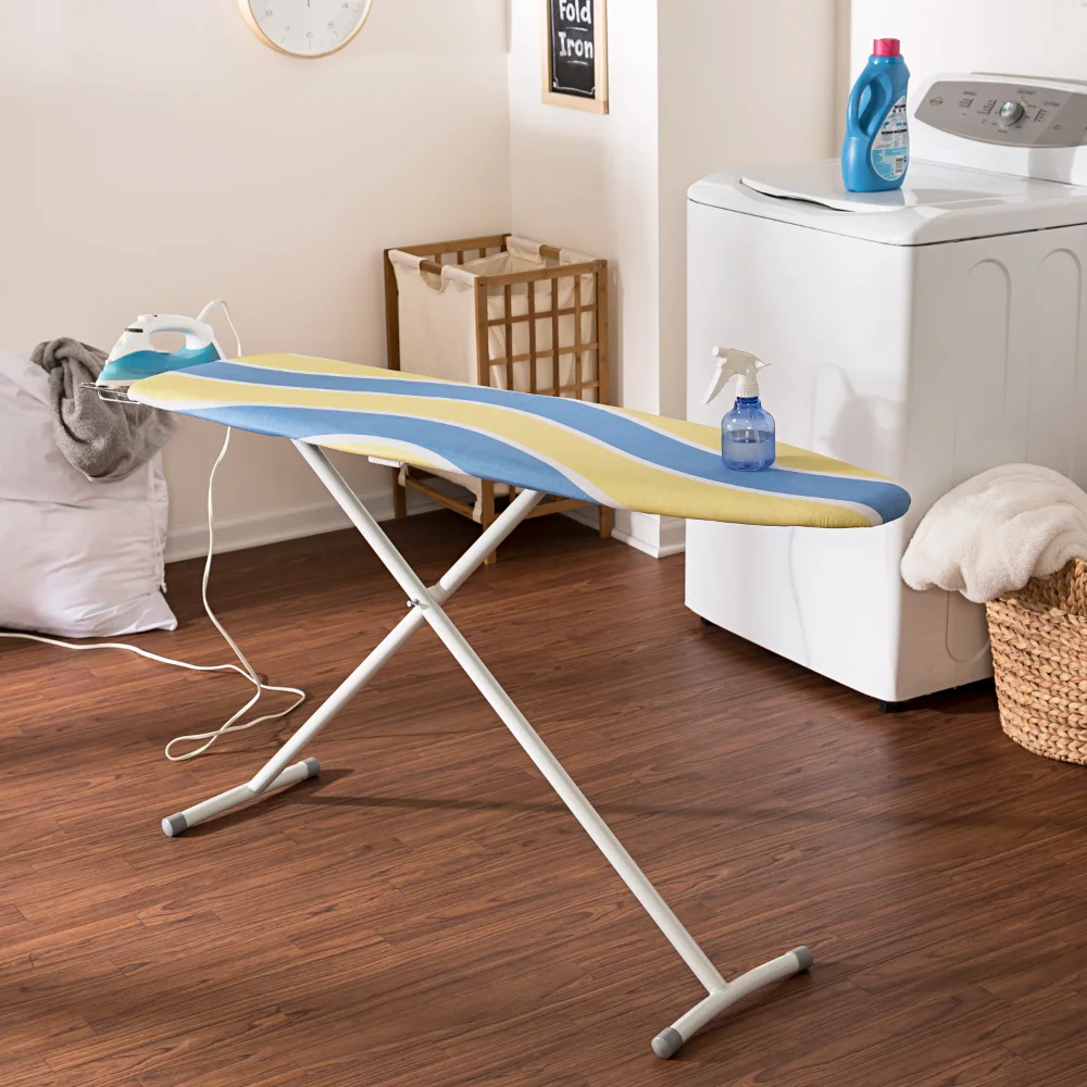 

T-Leg Ironing Board with Retractable Iron Rest, Blue and Yellow