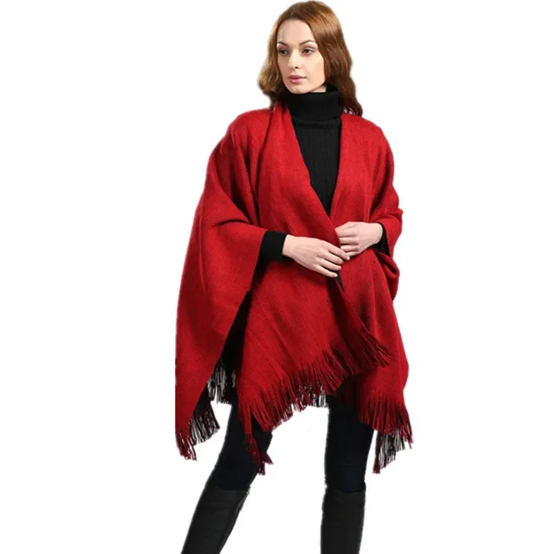 

Women's Winter Knitted Shawl Smock Loose Cape Ladies Fringe Cloak Scarves Mujer Shawls Ponchos Wraps Double-sided Usable